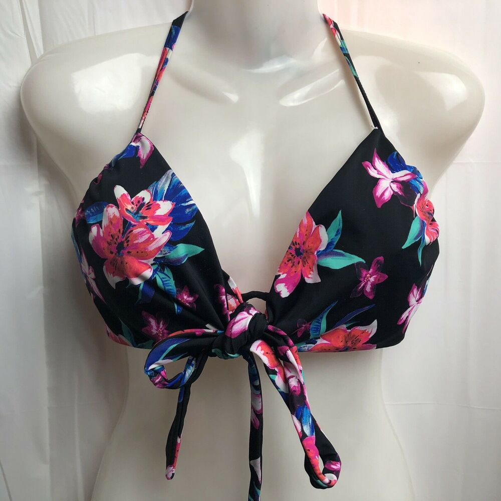 Sundazed Bikini Wrap Top Women 36D Black Floral Halter Underwire Tropical Swim